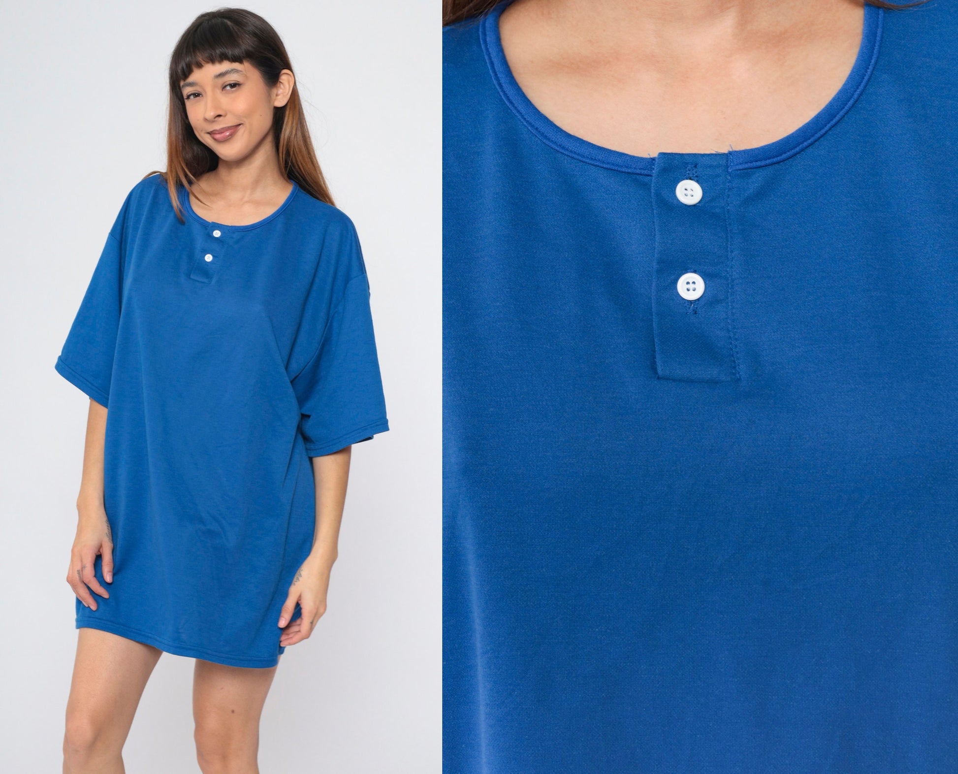 90s Royal Blue Henley T-Shirt Plus Size XXL Vintage Button Neck Tee
