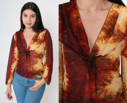 Y2K Tie Dye Mesh Lace Up Corset Blouse Bell Sleeve V Neck Small S