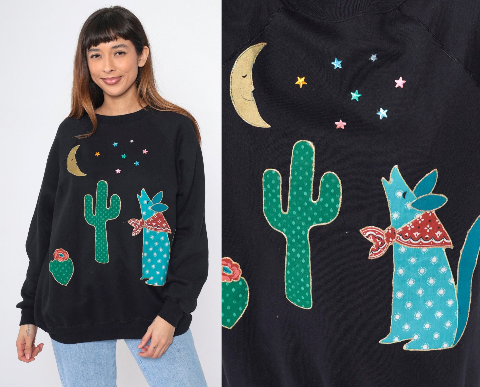 90s Southwest Black Sweatshirt Desert Coyote Cactus Moon Star Studs Raglan Large
