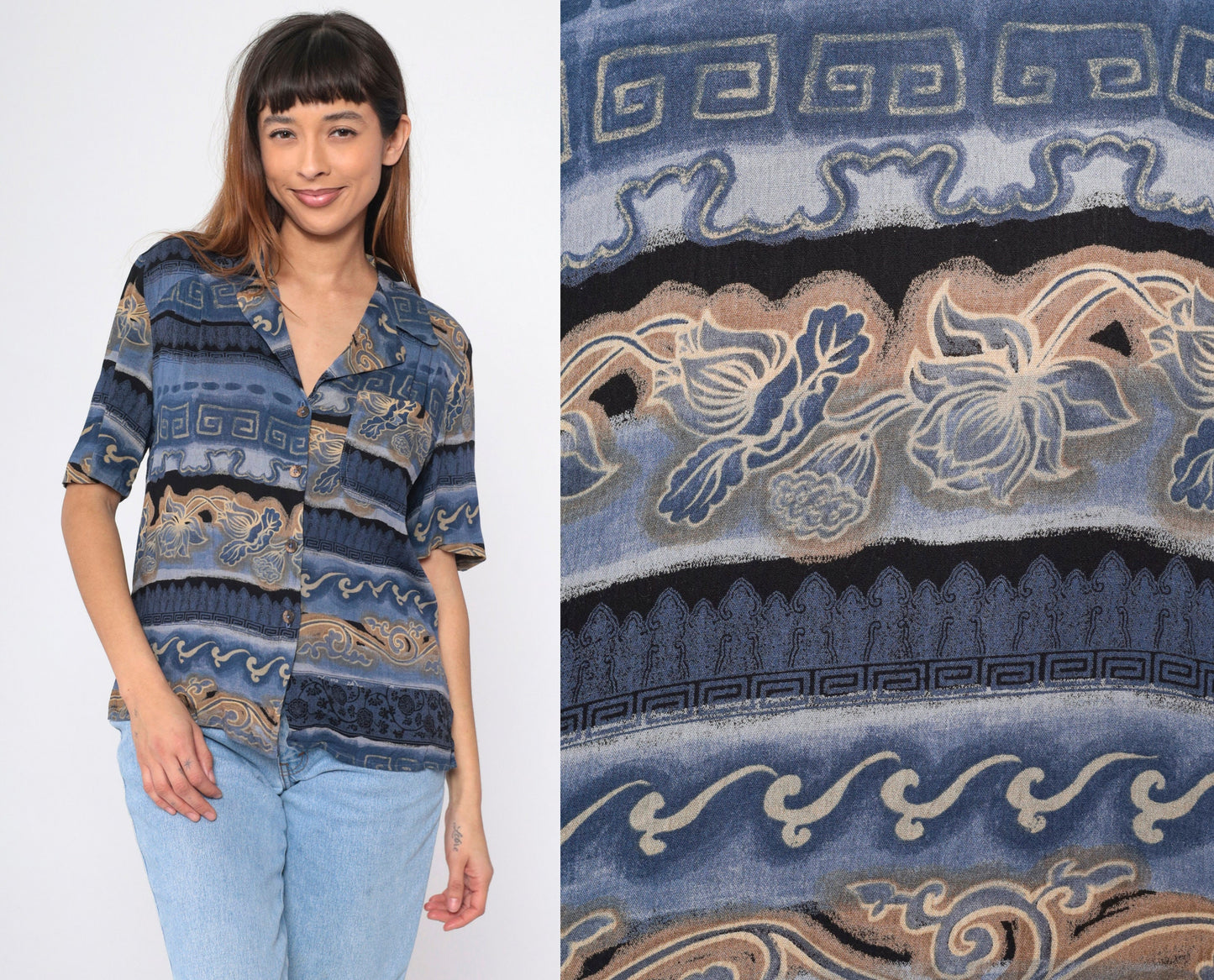 90s Carol Little Striped Floral Greek Key Button Up Blouse Blue Small