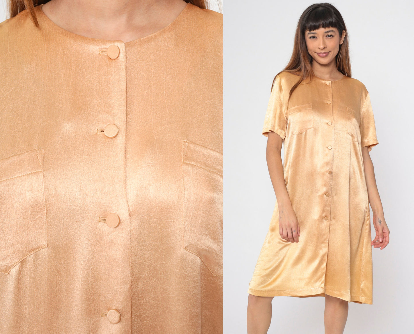 90s Wild Rose Apricot Shirtdress Knee-Length Button-Up Shift Dress Small
