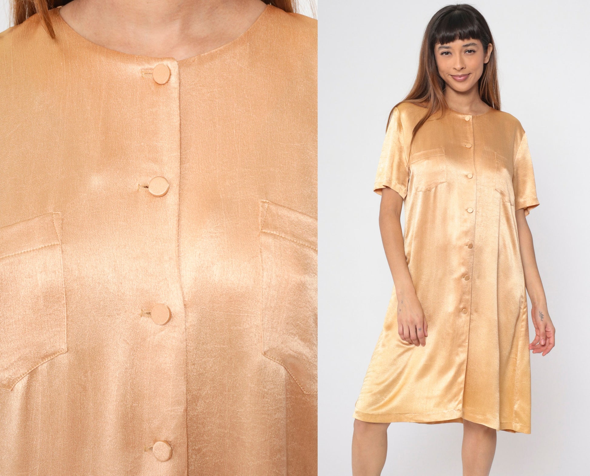 90s Wild Rose Apricot Shirtdress Knee-Length Button-Up Shift Dress Small
