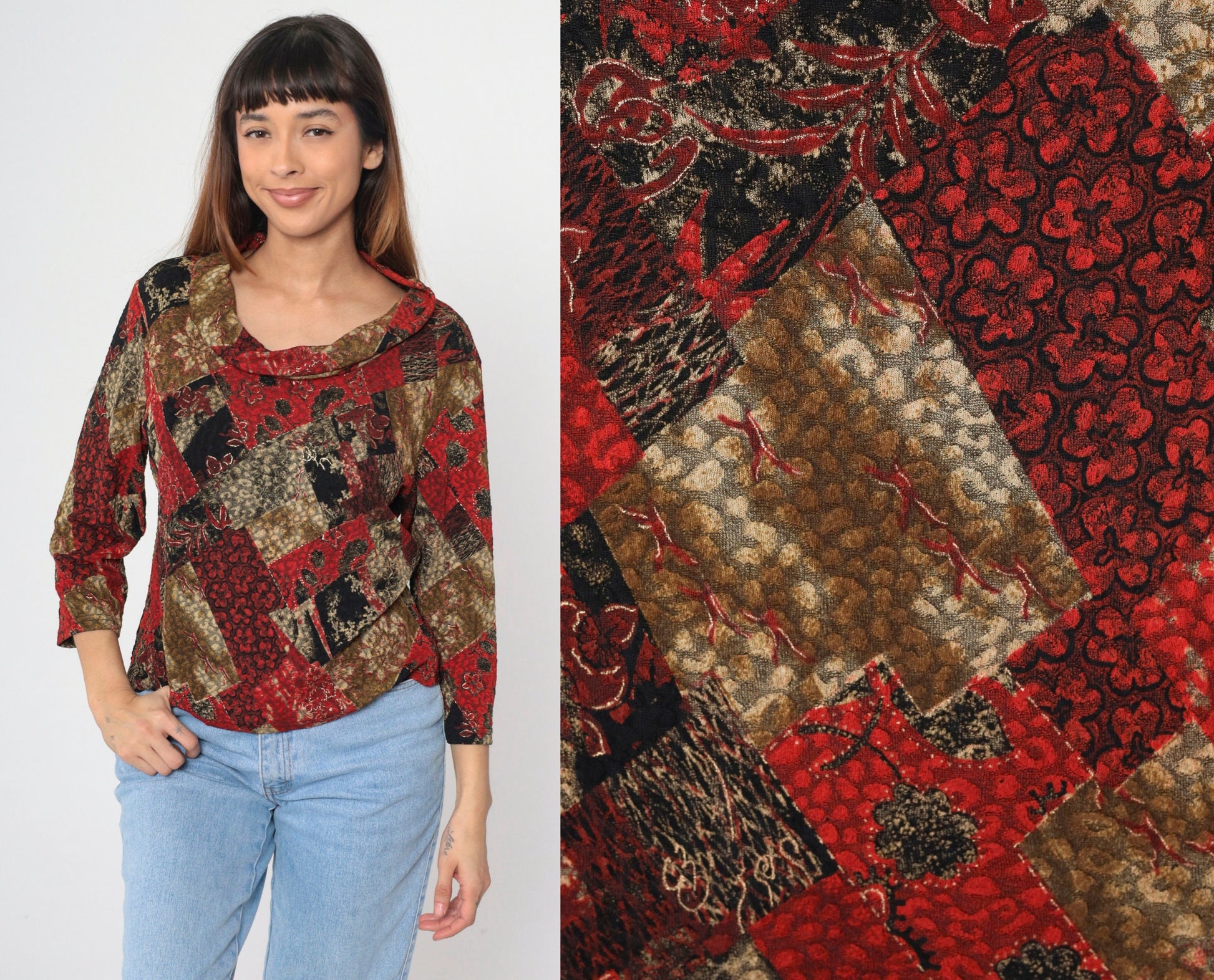 Y2K Carducci Patchwork Floral Cowl Neck Blouse Metallic Long Sleeve Extra Large XXL