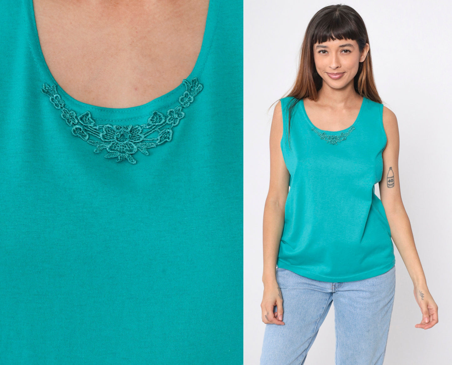 90s Teal Tank Top Floral Lace Trim Sleeveless Blouse Medium