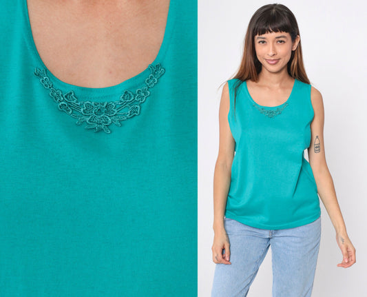 90s Teal Tank Top Floral Lace Trim Sleeveless Blouse Medium