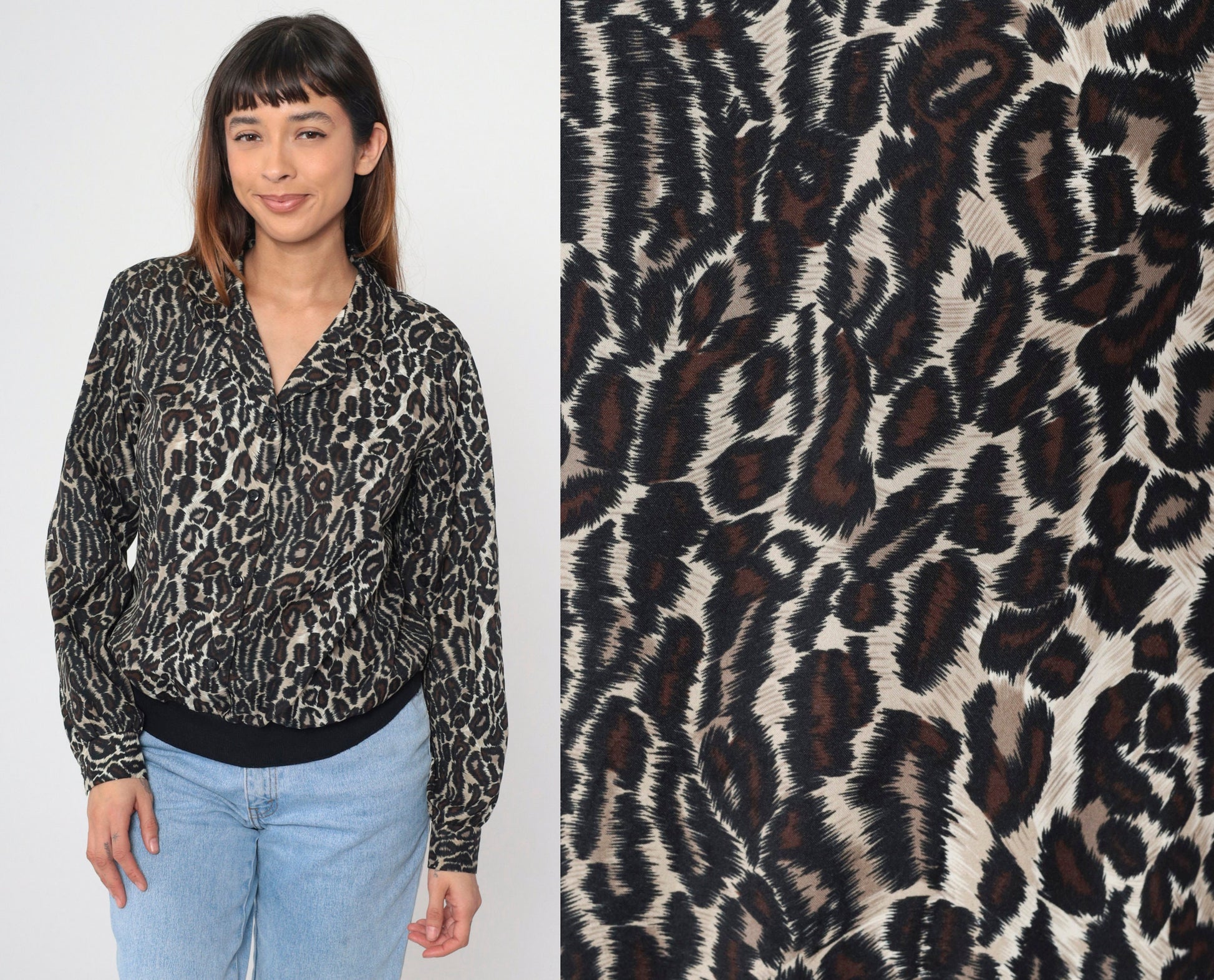 80s Leopard Print Button-Up Blouse Long Sleeve Collared Top Large