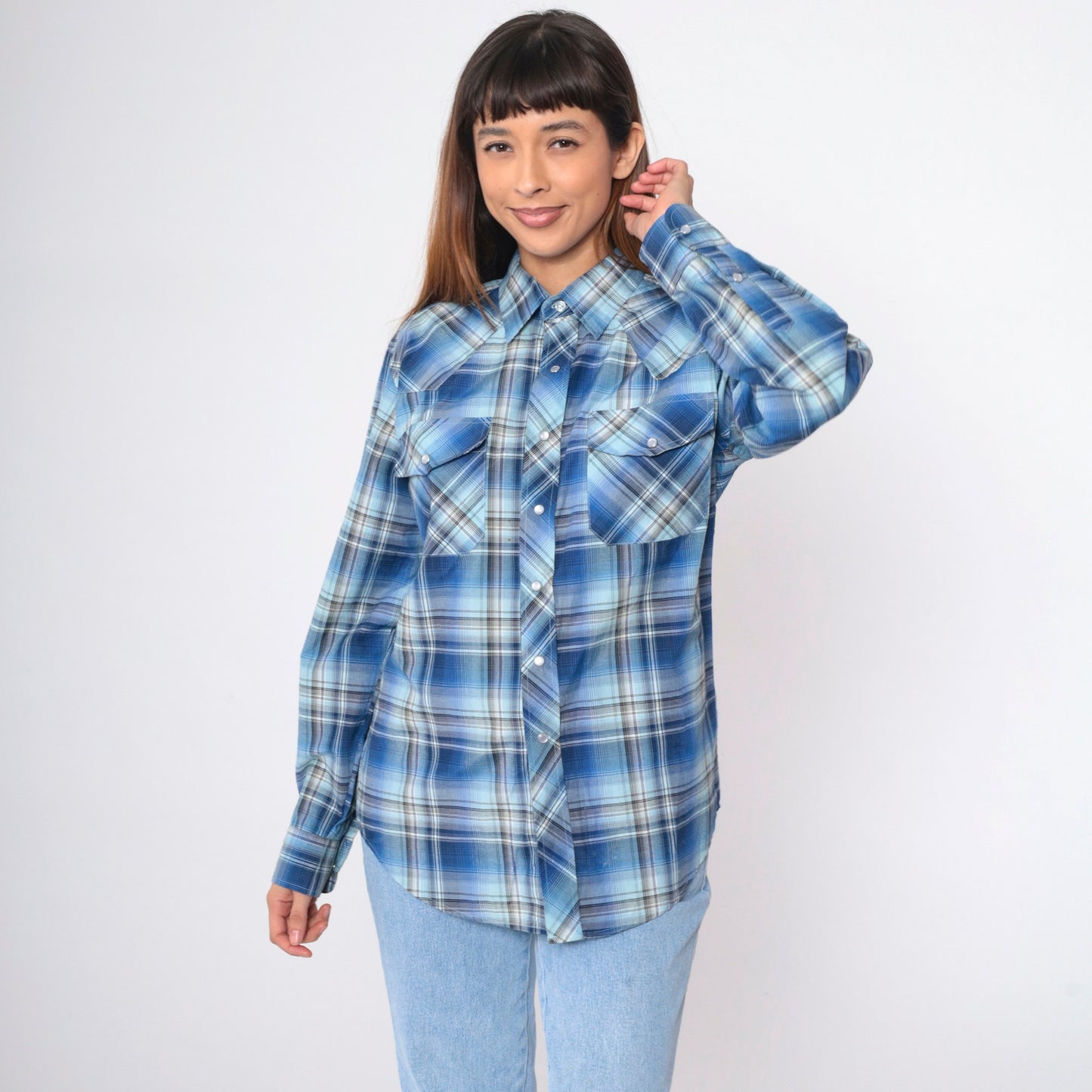 80s Haband Western Shirt Blue Plaid Pearl Snap Cowboy Small