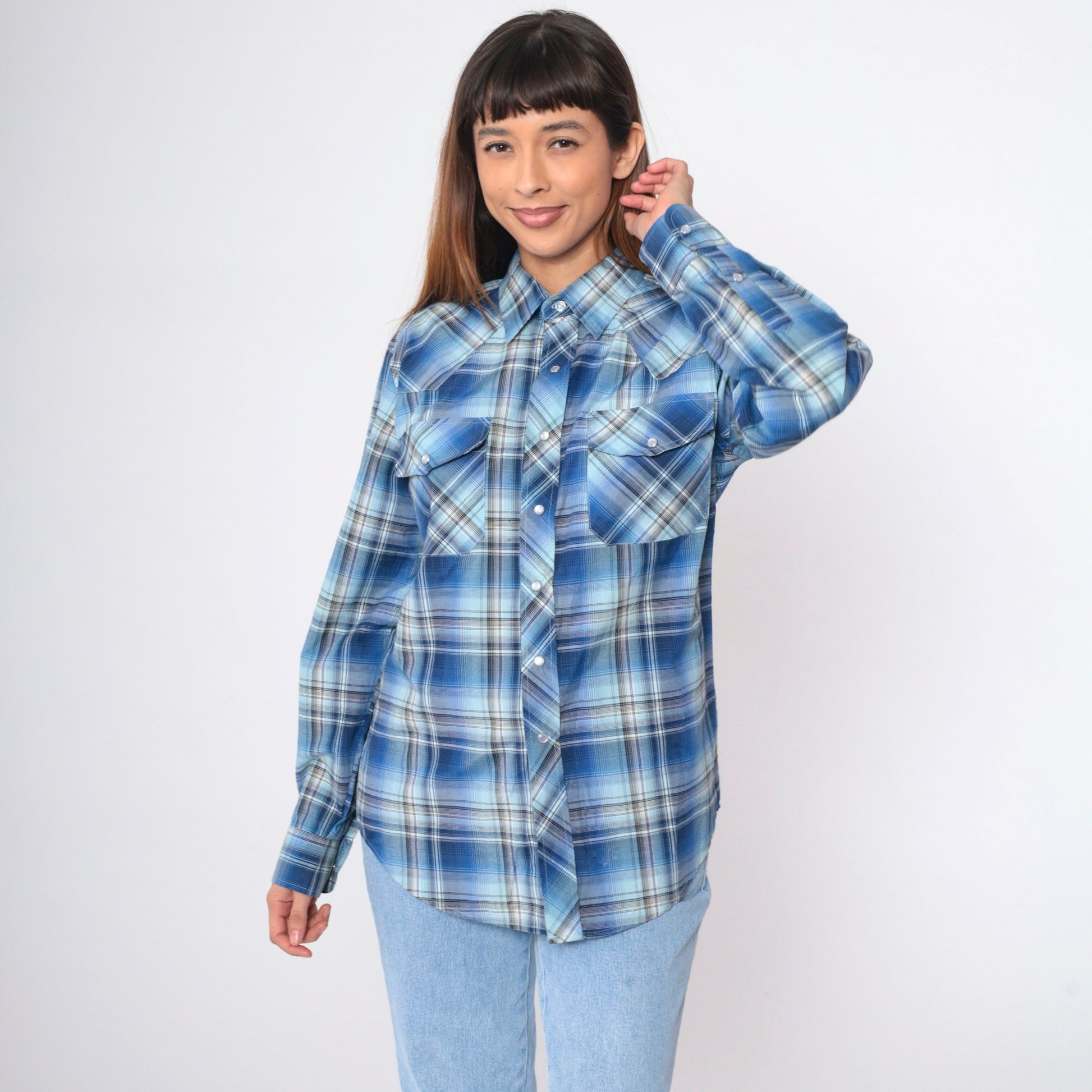 80s Haband Western Shirt Blue Plaid Pearl Snap Cowboy Small