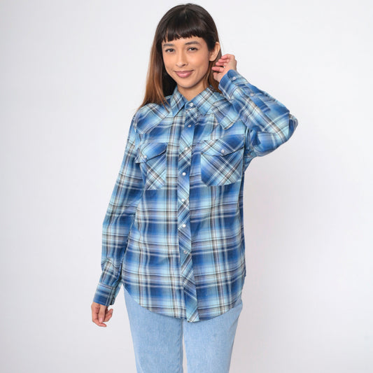 80s Haband Western Shirt Blue Plaid Pearl Snap Cowboy Small