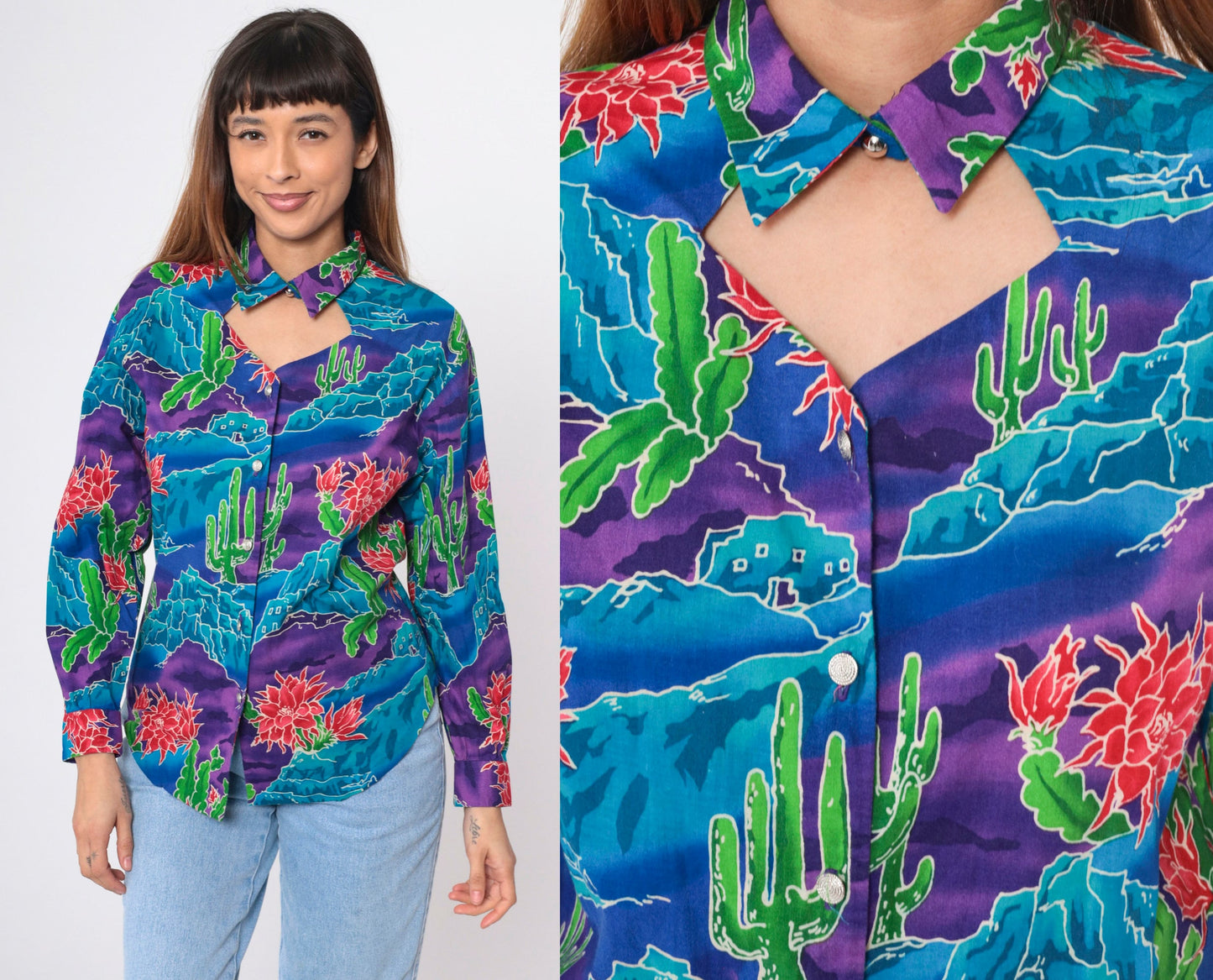 90s Southwestern Cactus Keyhole Blouse Button Up Long Sleeve Blue Purple Medium