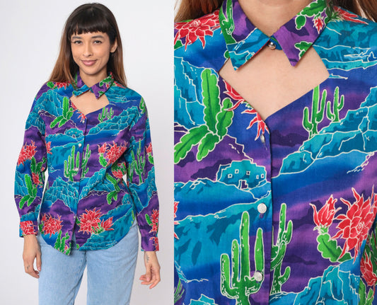 90s Southwestern Cactus Keyhole Blouse Button Up Long Sleeve Blue Purple Medium