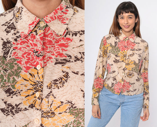 90s Abstract Floral Button-Up Blouse Beige Red Yellow Long Sleeve Medium
