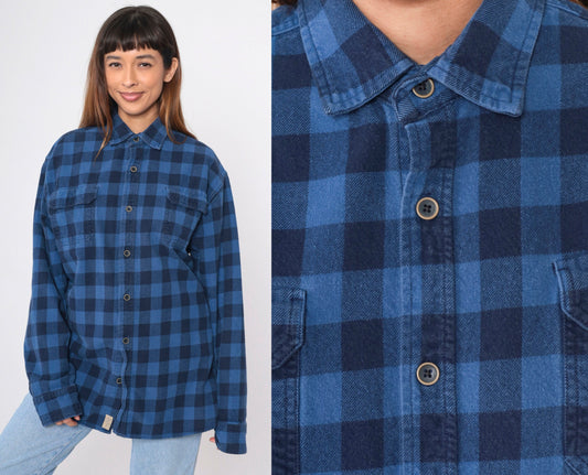 90s Jachs Buffalo Plaid Button-Up Shirt Blue Black Cotton Extra Large Tall