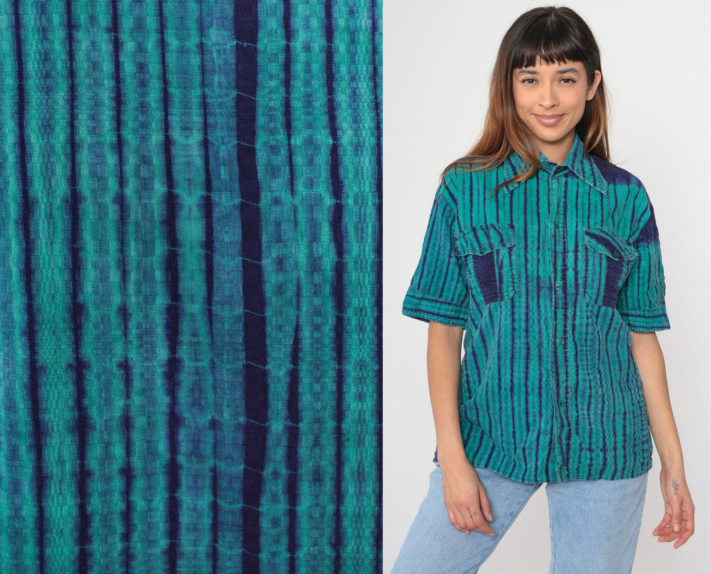 90s Ikat Striped Button-Up Shirt Green Indigo Oxford Short Sleeve Small