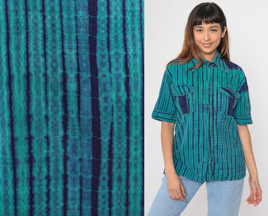 90s Ikat Striped Button-Up Shirt Green Indigo Oxford Short Sleeve Small