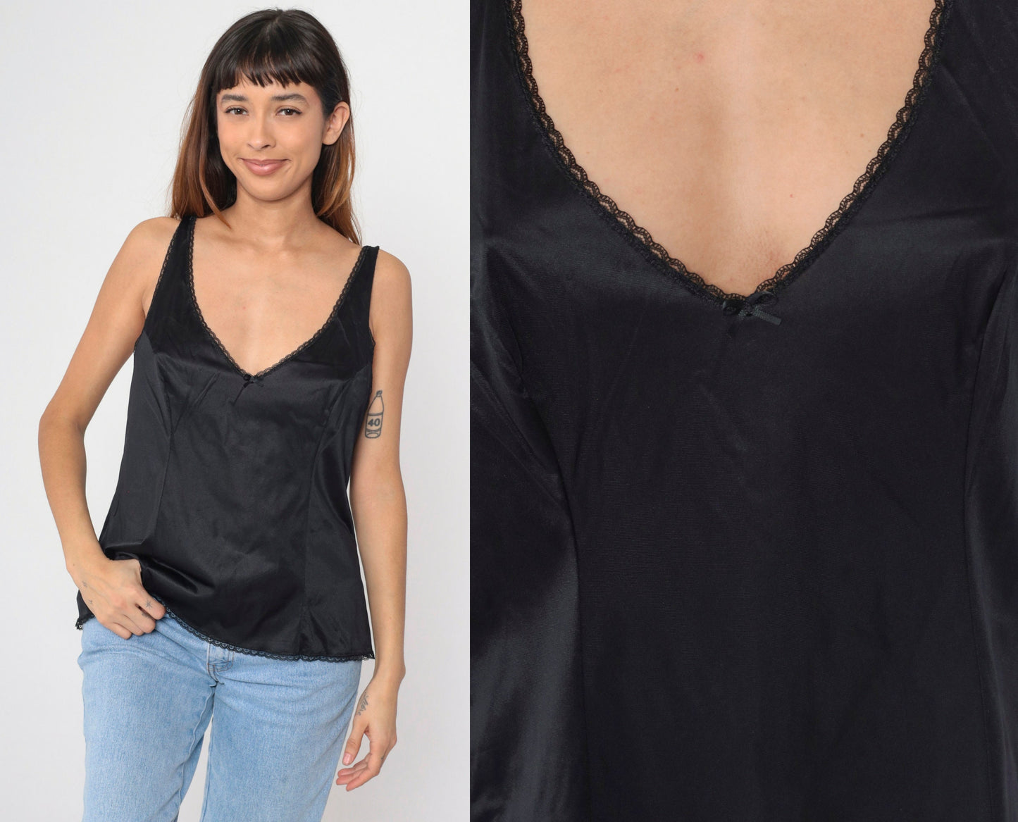 80s Vanity Fair Black Nylon Camisole Lace Trim V-Neck Bow Large
