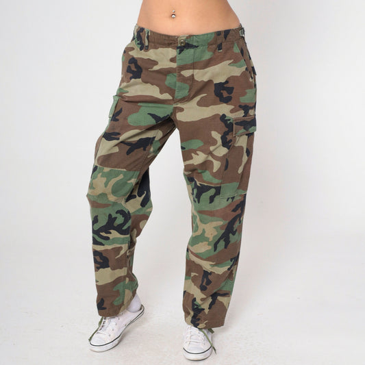 2000s Camo Army Cargo Pants Olive Green Drawstring Ankle Medium Short