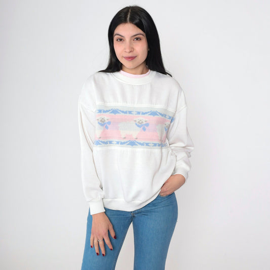 90s Sheep Graphic Sweatshirt White Ribbed Knit Crewneck Medium M