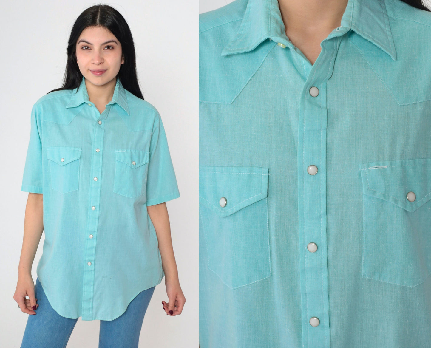 70s Charlie Brown Western Pearl Snap Shirt Blue Short Sleeve Men's Medium