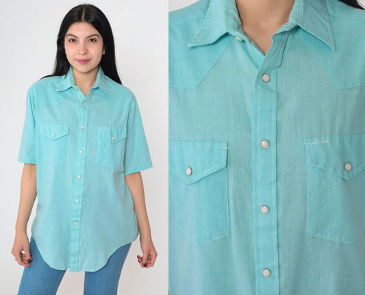 70s Charlie Brown Western Pearl Snap Shirt Blue Short Sleeve Men's Medium