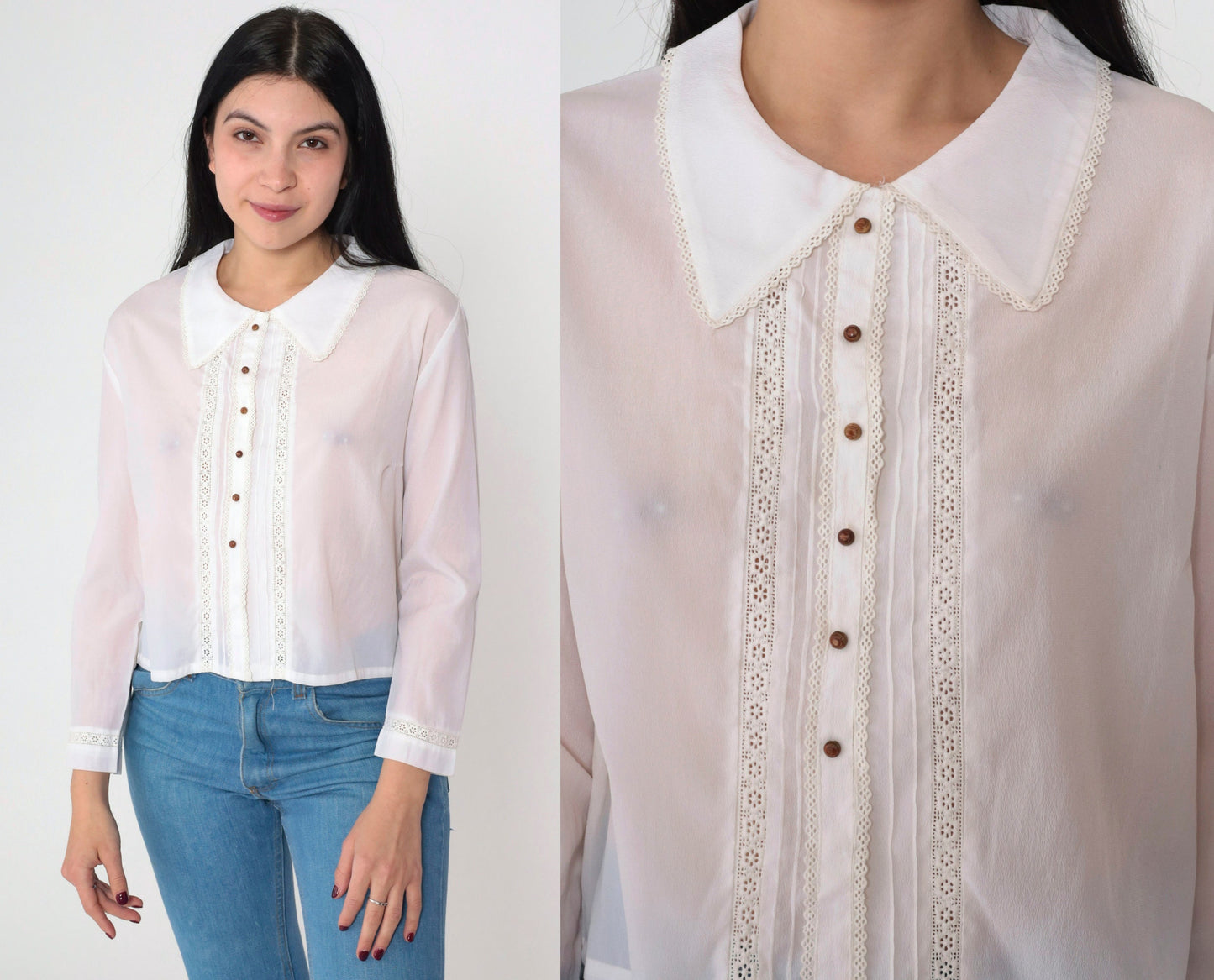 70s White Lace Cutout Blouse Floral Long Sleeve Button Up Medium M