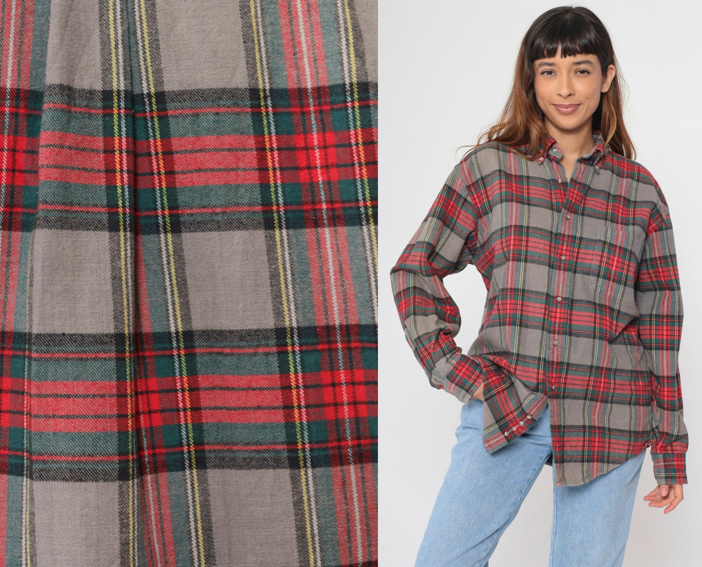90s Lands End Plaid Flannel Shirt Grey Red Green Button Up Medium