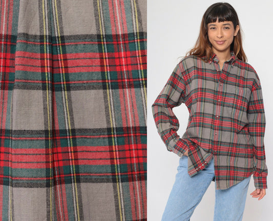 90s Lands End Plaid Flannel Shirt Grey Red Green Button Up Medium