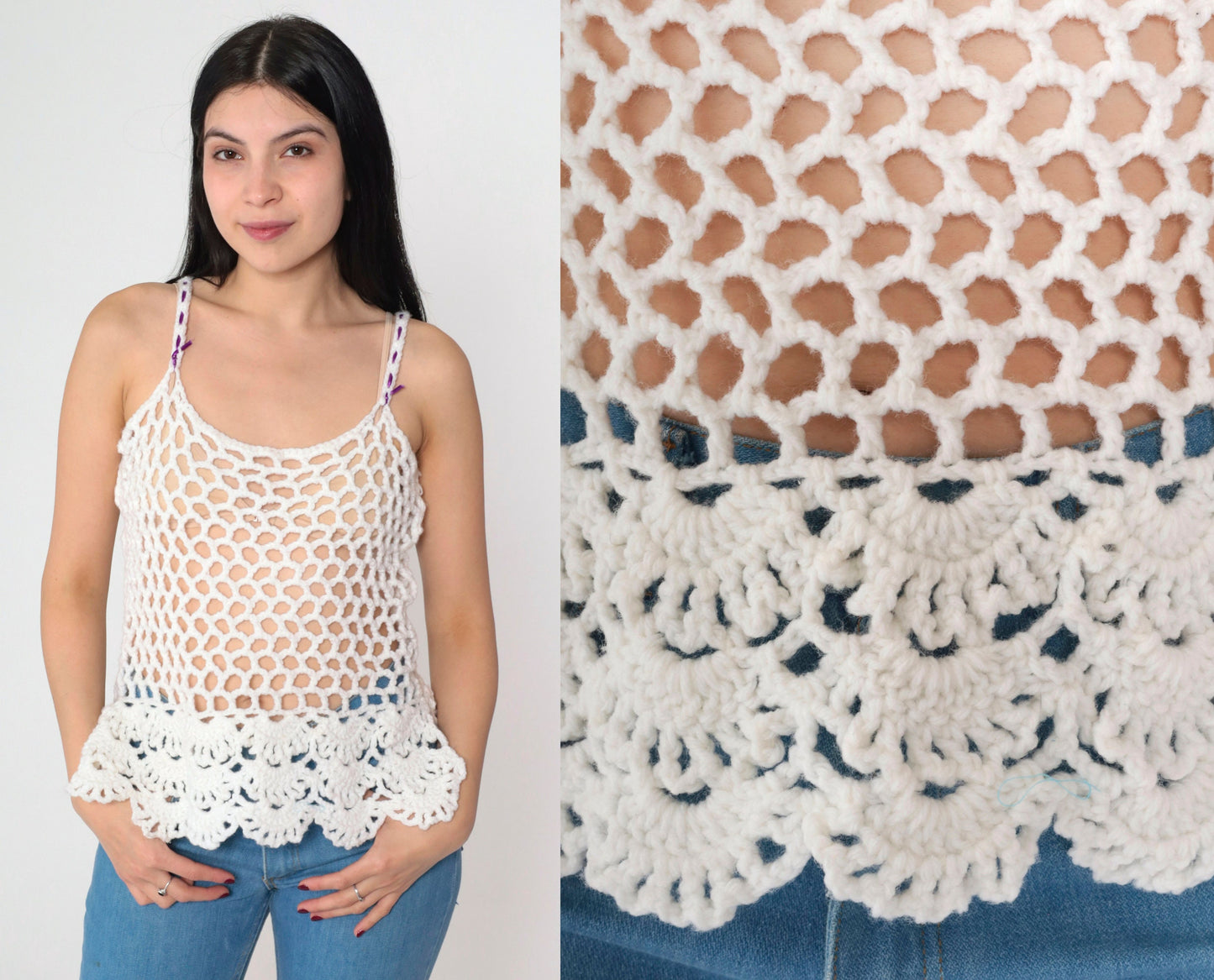 70s White Crochet Tank Top Sheer Knit Purple Ribbon Straps Small
