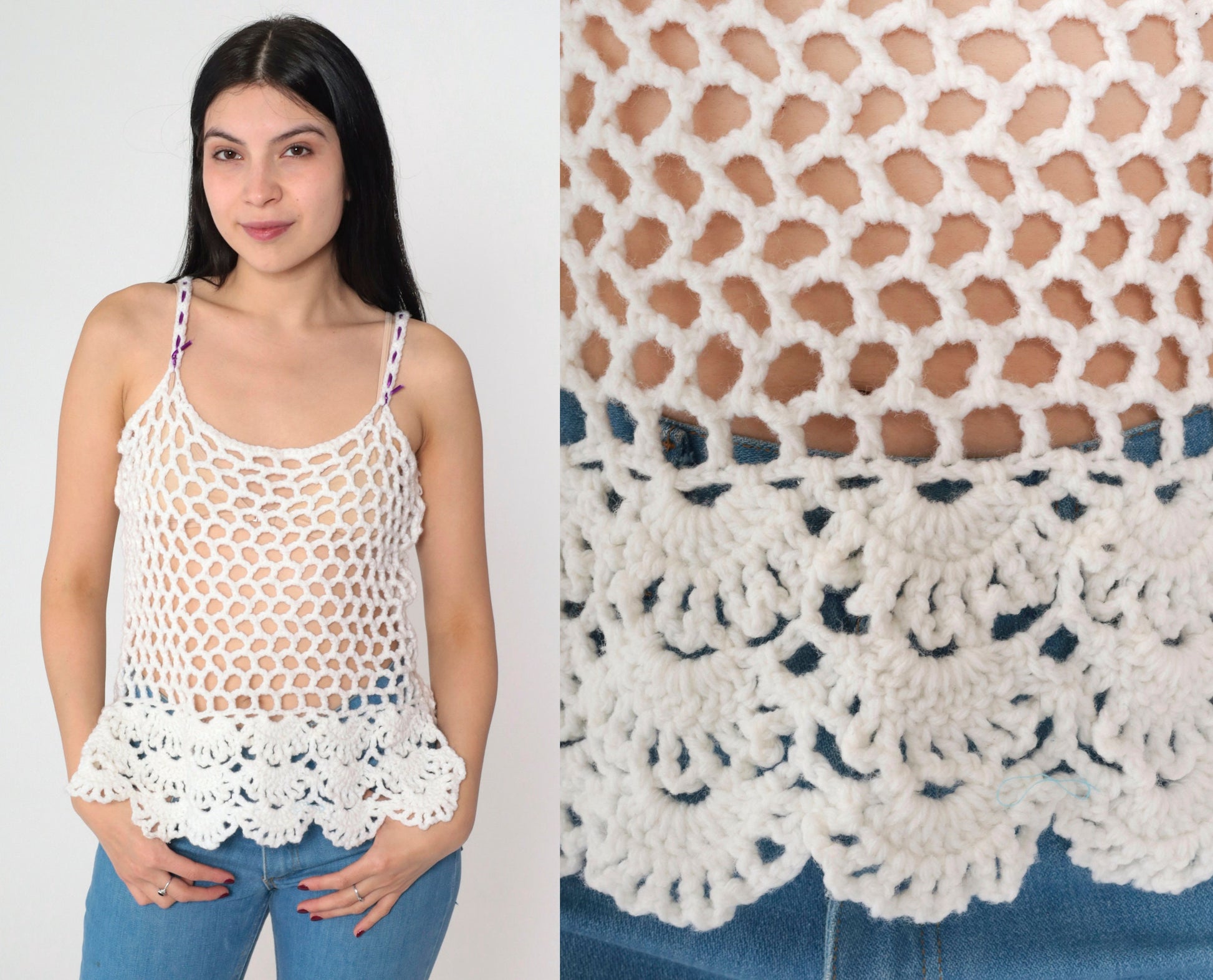 70s White Crochet Tank Top Sheer Knit Purple Ribbon Straps Small