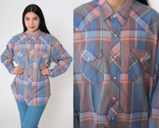 90s Wrangler Plaid Pearl Snap Western Shirt Blue Grey Orange Extra Large