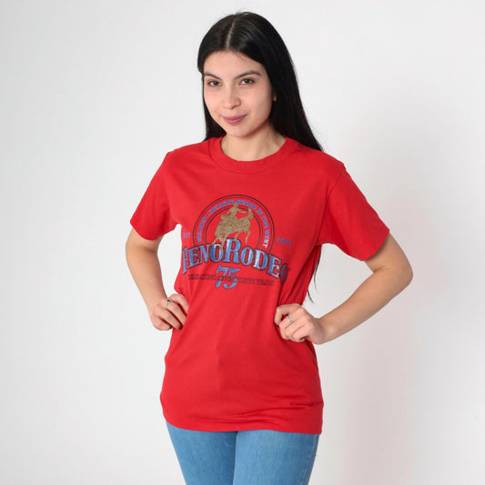 1994 Reno Rodeo Glitter Graphic T-Shirt Red Single Stitch Western Small