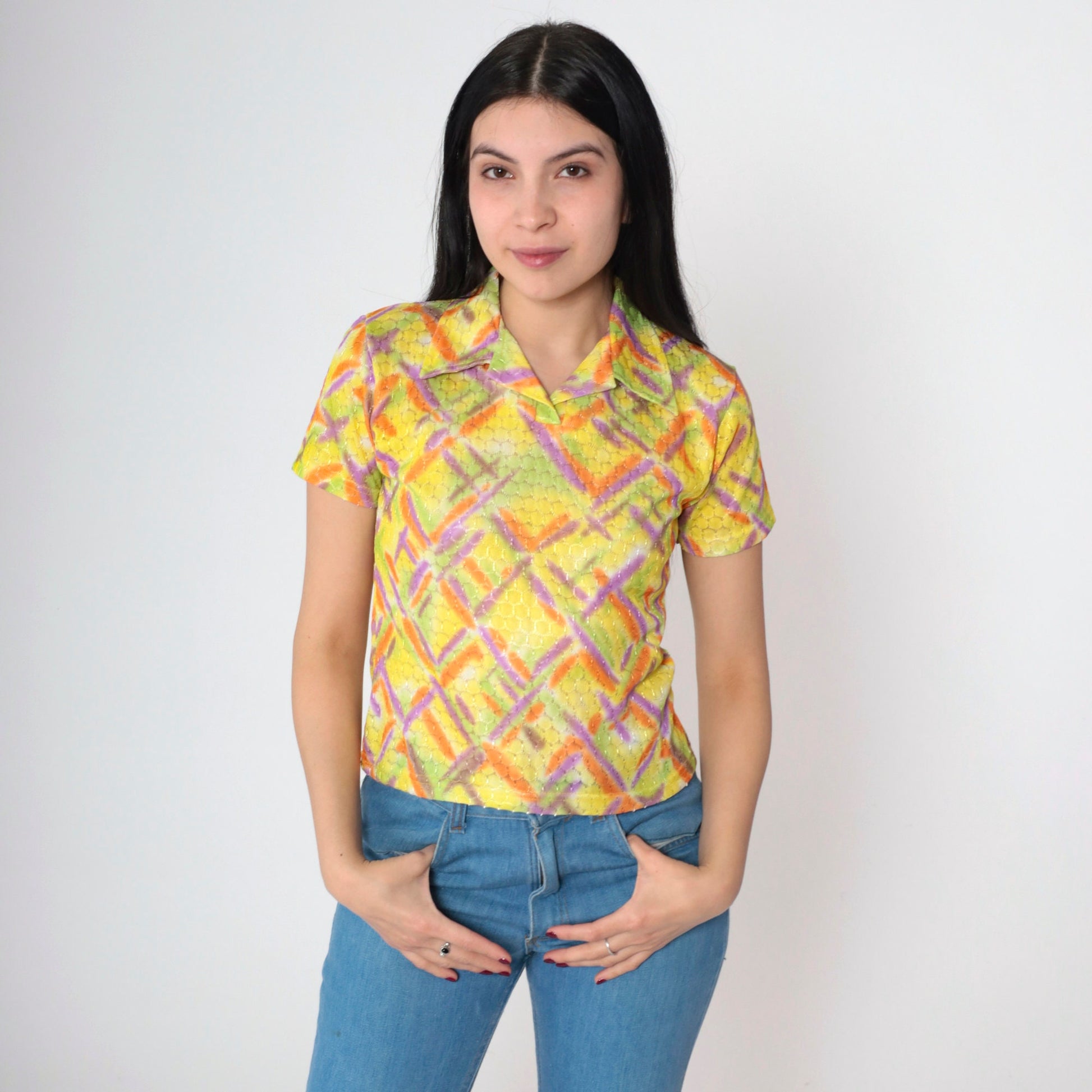 00s Metallic Abstract Criss Cross Collared Shirt Yellow Geometric Small S