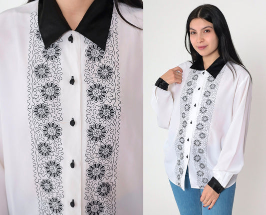 90s Claudia Richard Floral Embroidered Blouse White Black Flower Long Sleeve Medium