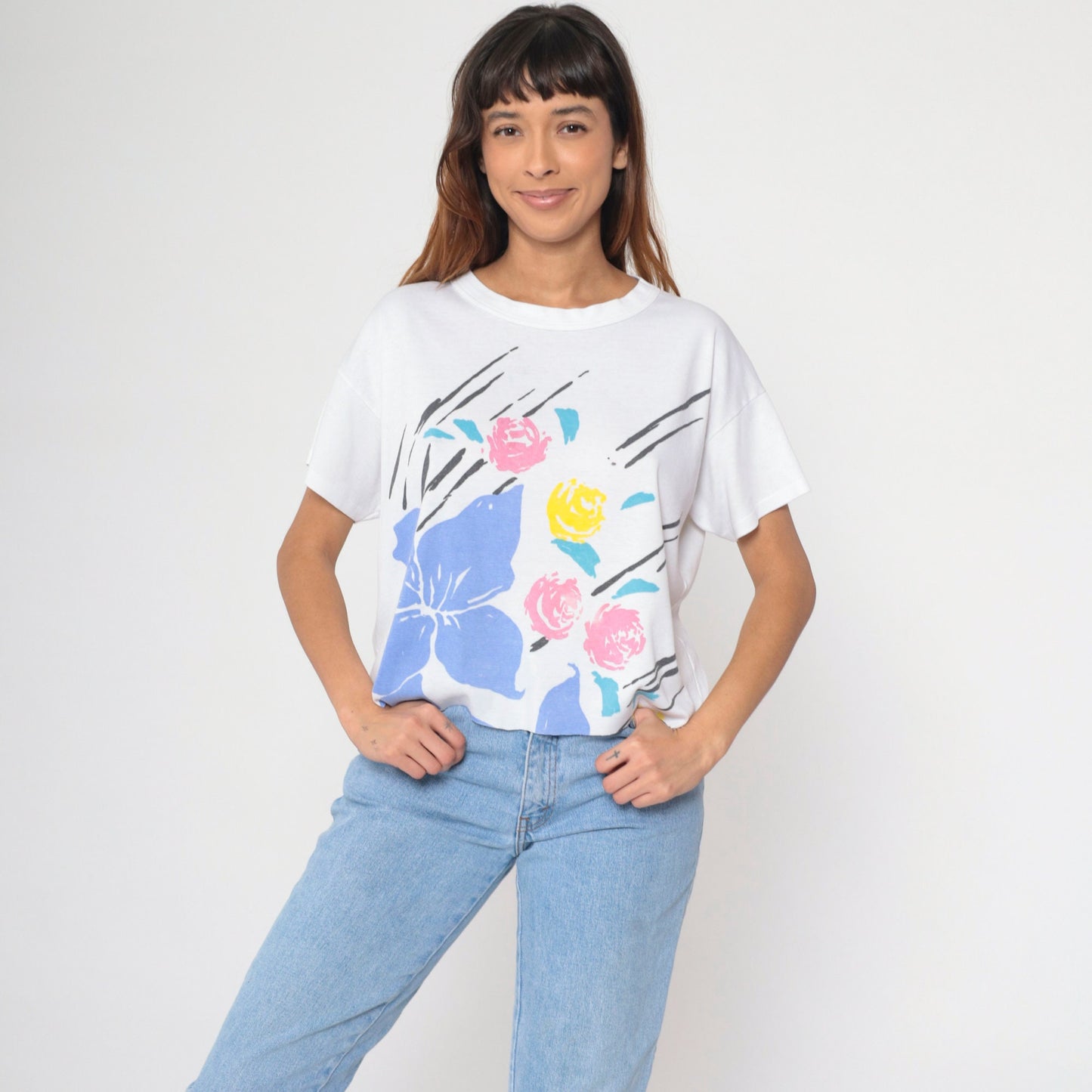 90s Floral Graphic T-Shirt White Rose Print Cutoff Tee Large L