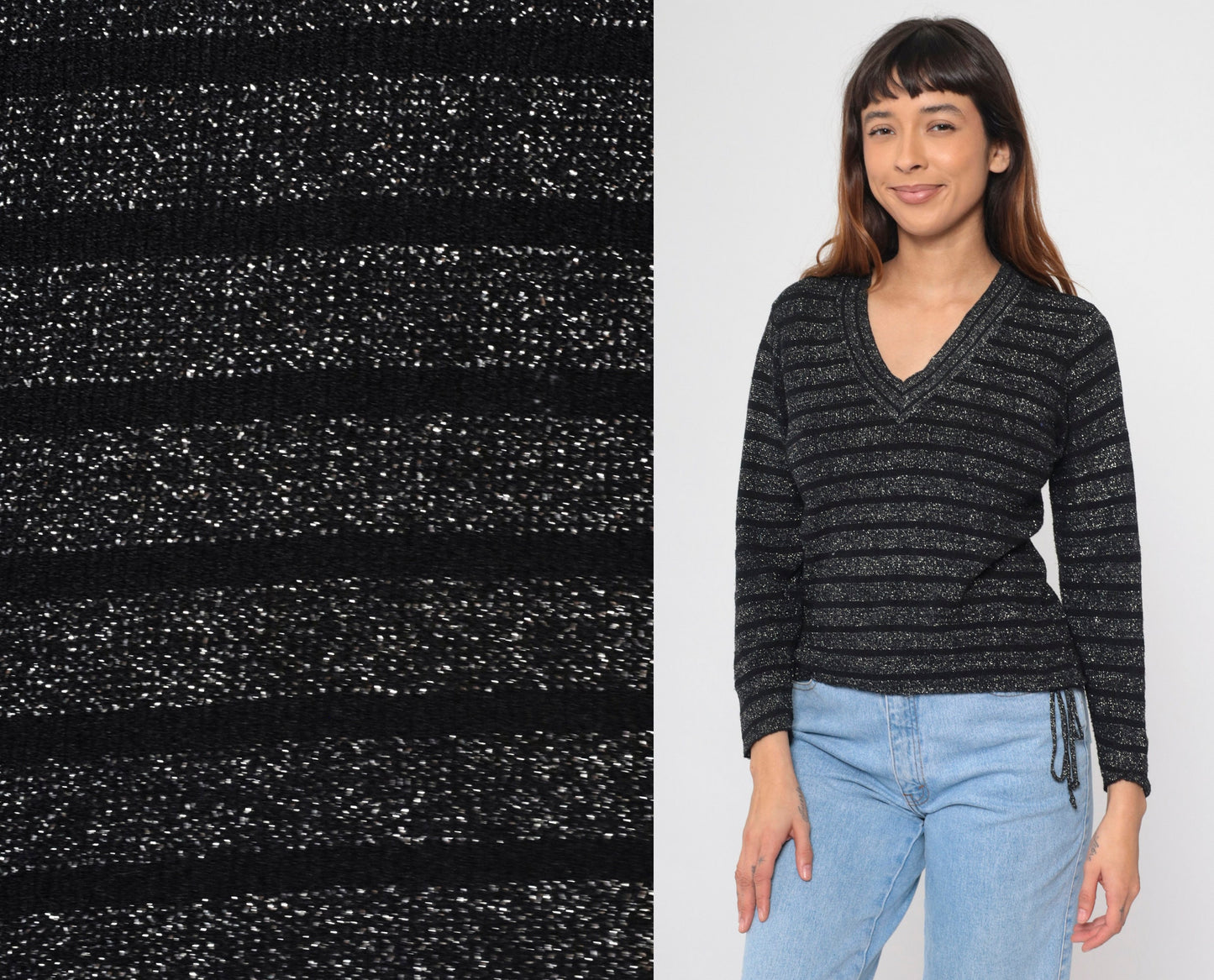 70s Metallic Striped Knit Sweater Silver Black V-Neck Pullover Small S