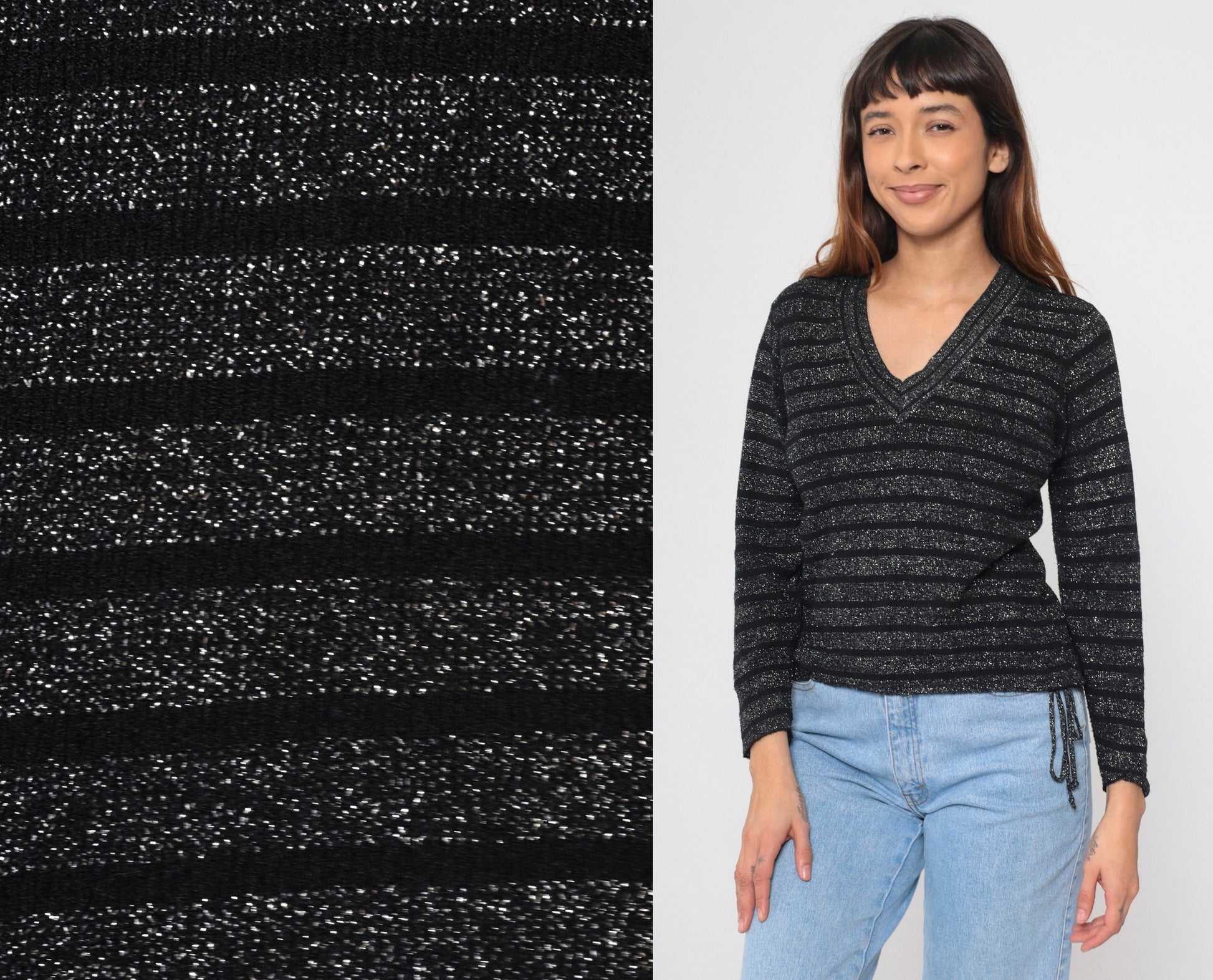 70s Metallic Striped Knit Sweater Silver Black V-Neck Pullover Small S