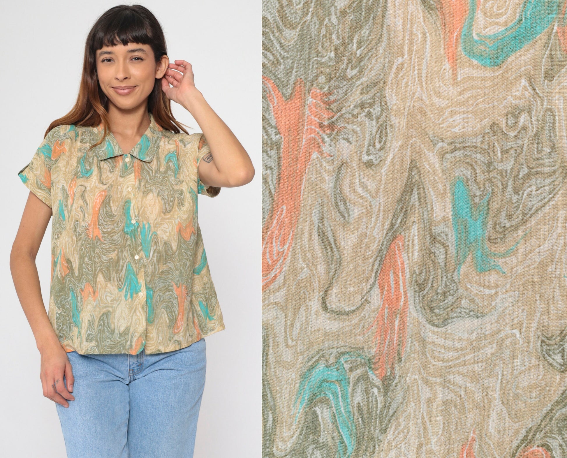90s Marble Print Button Up Shirt Psychedelic Turquoise Tan Orange Large