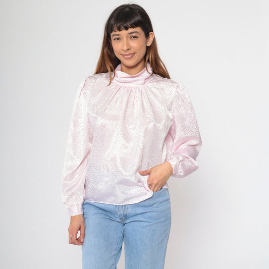 80s Grand Design Baby Pink Embossed Snakeskin Turtleneck Puff Sleeve Blouse Large
