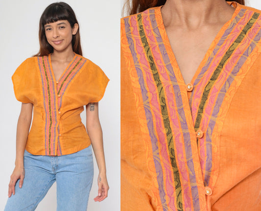 00s Orange Rococo Striped Button-Up Blouse Rhinestone Dolman Sleeve V-Neck Extra Small