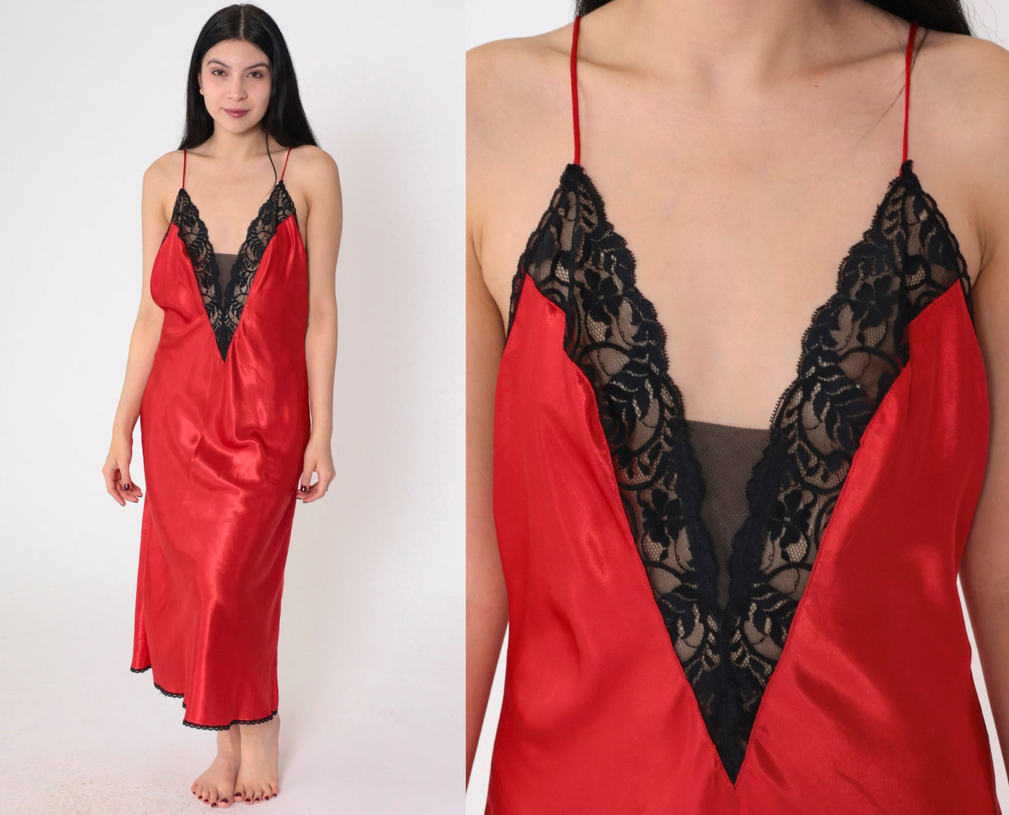 90s Val Mode Red Slip Dress Midi Black Lace Trim Open Back Medium