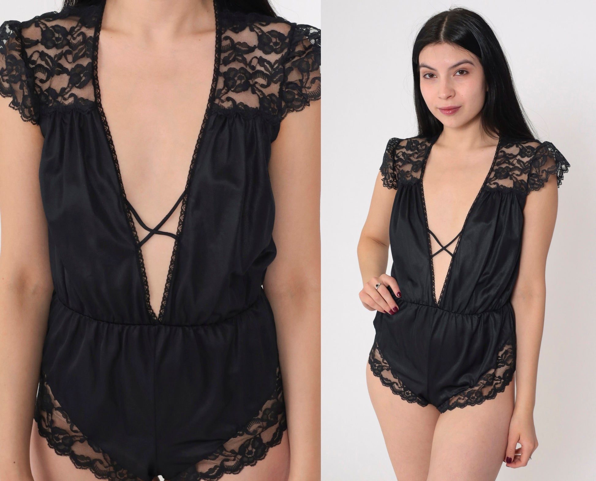 90s Black Lace Teddy Nylon Bodysuit Plunging V-Neck Cap Sleeve Small