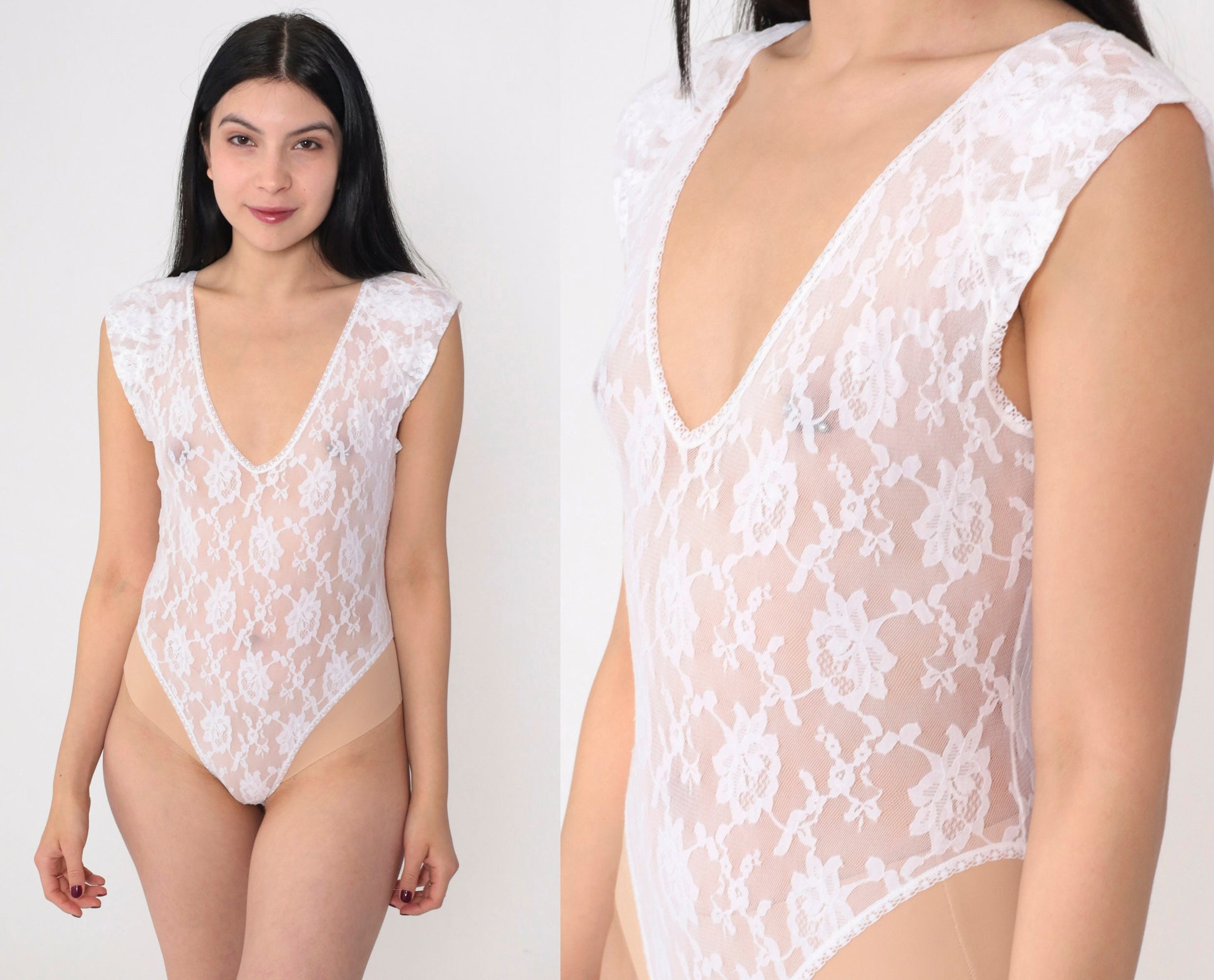 80s Hanky Panky White Lace Bodysuit Floral Sheer Thong Small S