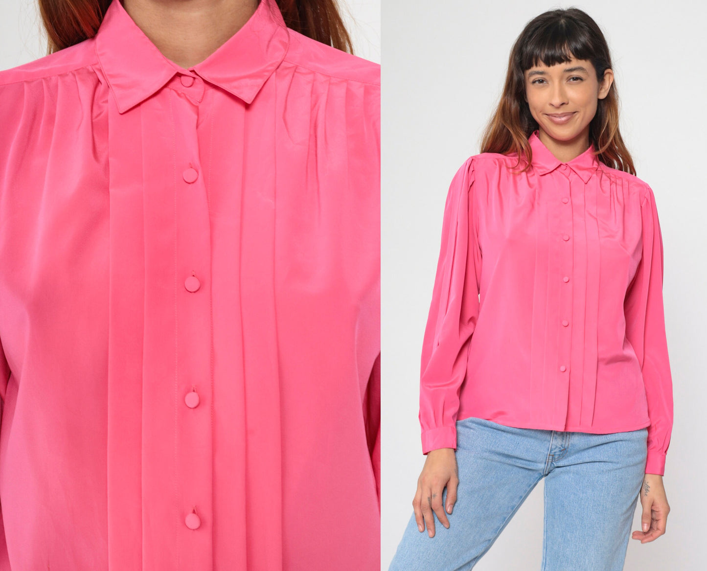 90s Hot Pink Puff Sleeve Blouse Pleated Button-Up Collared Shirt Medium Petite
