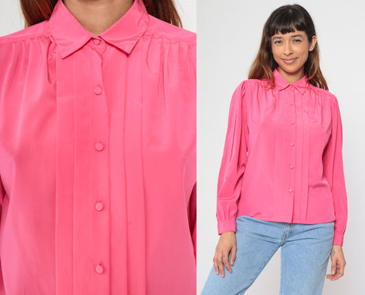 90s Hot Pink Puff Sleeve Blouse Pleated Button-Up Collared Shirt Medium Petite