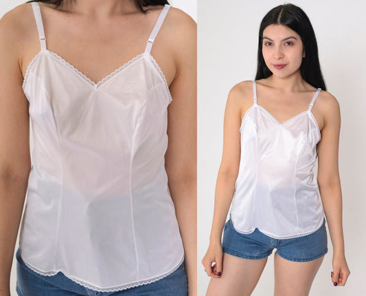90s Vanity Fair White Camisole Lace Trim V-Neck Nylon Small