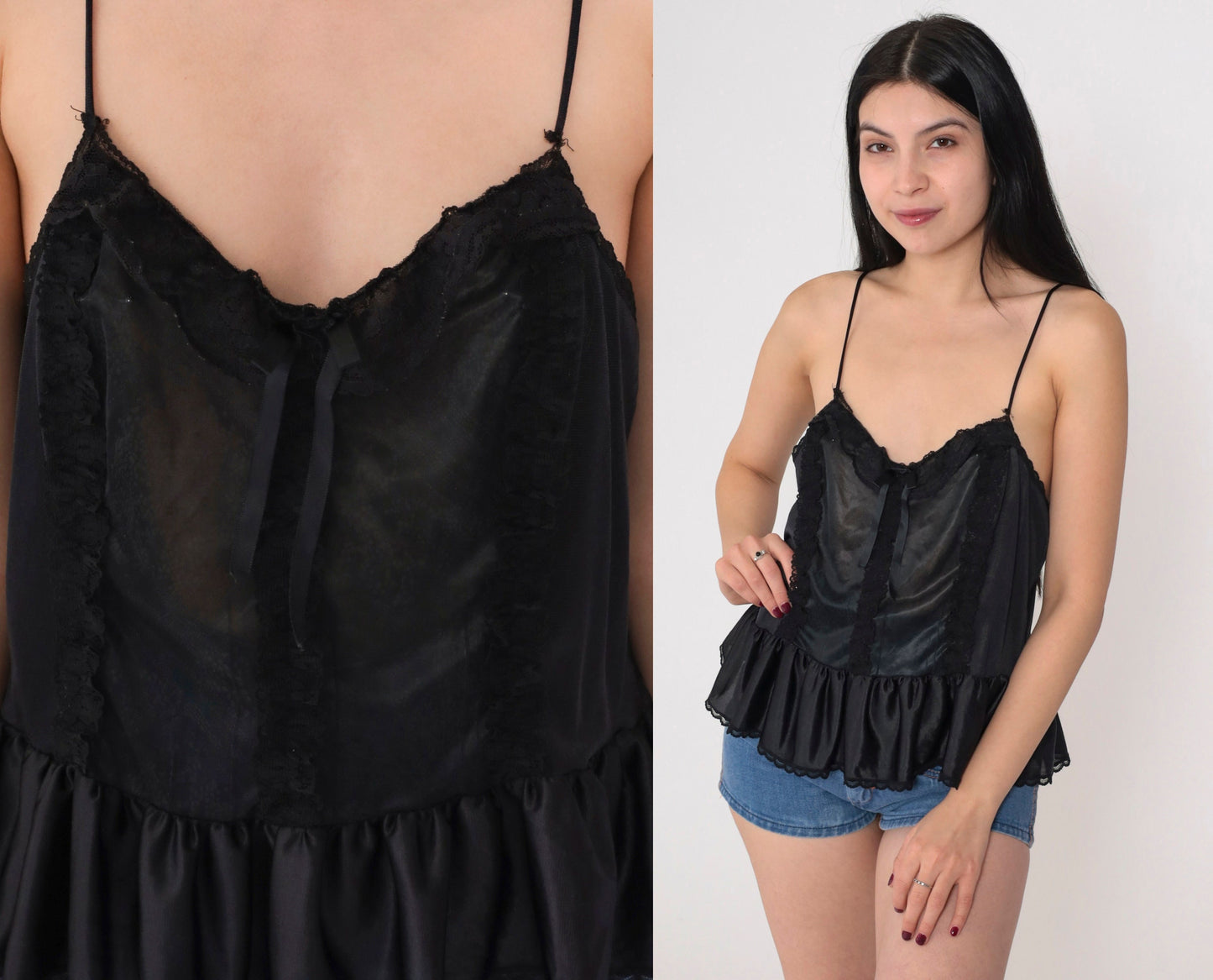 90s Black Lace Trim Camisole Tank Top Floral Ruffle Flounce Medium M