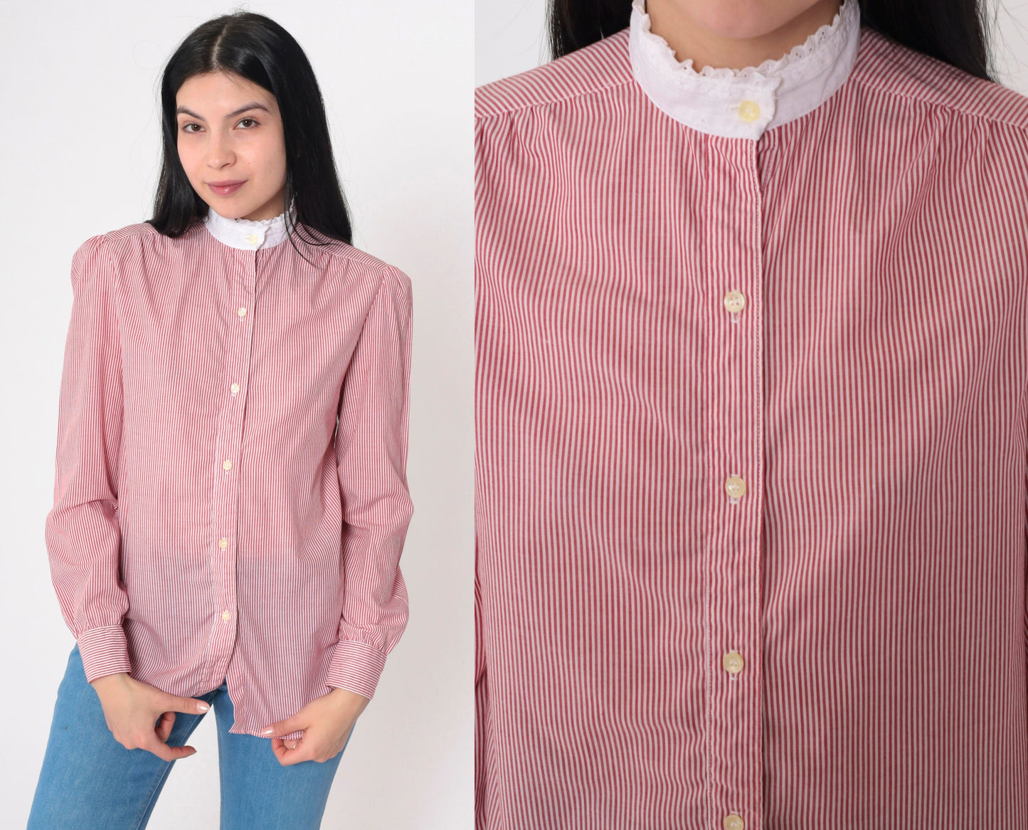 80s The Villager Pinstripe Blouse Puff Sleeve Red White Eyelet Ruffled Neck Small