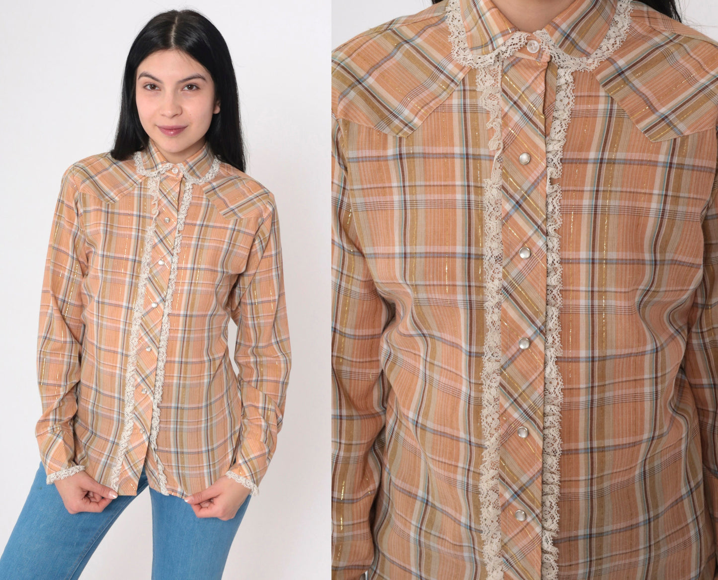 70s Panhandle Slim Western Shirt Metallic Plaid Lace Pearl Snap Orange Small