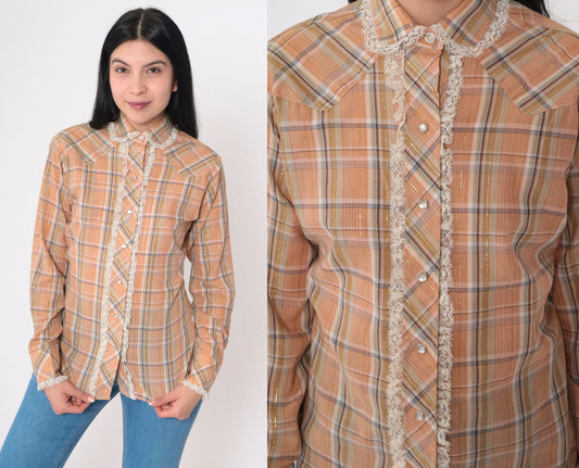 70s Panhandle Slim Western Shirt Metallic Plaid Lace Pearl Snap Orange Small
