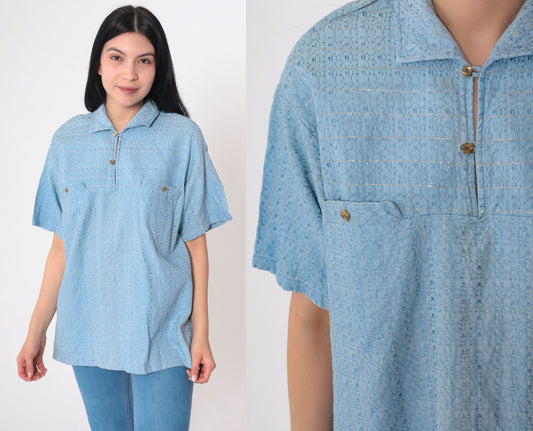 70s Baby Blue Metallic Polo Shirt Short Sleeve Collared Top Large L